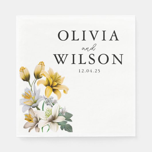 Serviette En Papier Élégant Mariage floral blanc et jaune (Devant)