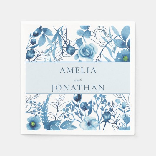 Serviette En Papier Élégant Mariage floral bleu (Devant)