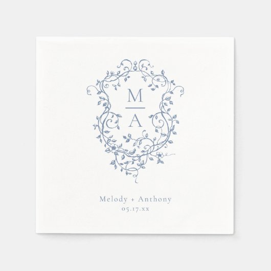 Serviette En Papier Élégant Mariage Floral bleu français (Devant)