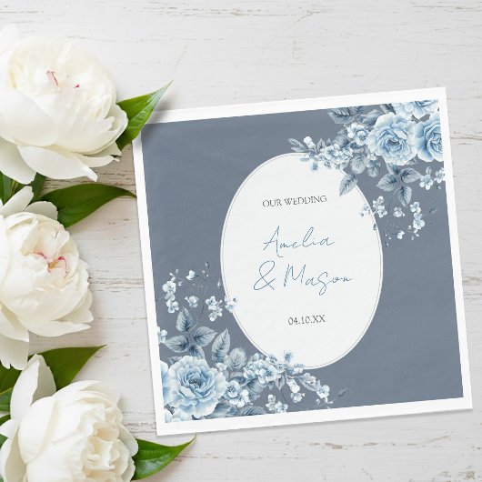 Serviette En Papier Élégant mariage floral bleu poussiéreux en écritur