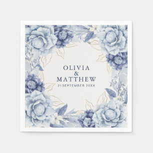 Serviette En Papier Élégant mariage floral bleu poussiéreux et bleu cl