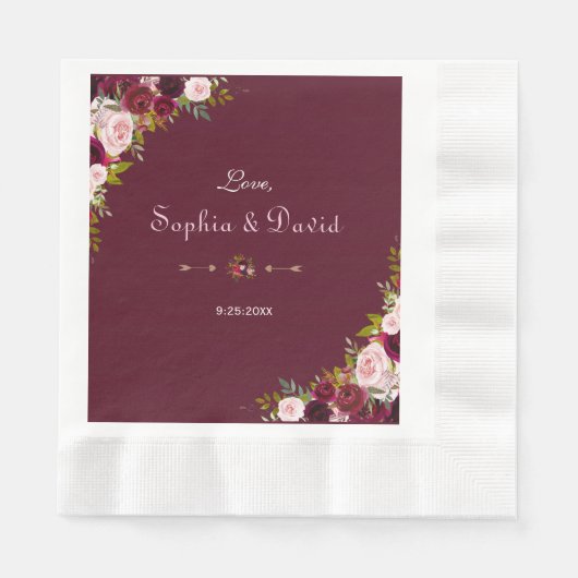 Serviette En Papier Élégant Mariage floral de Bourgogne Marsala (Devant)