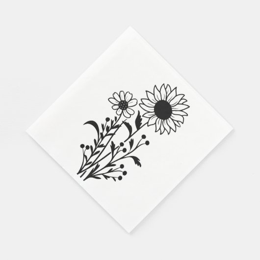 Serviette En Papier Élégant Mariage floral de tournesol noir blanc (Coin)