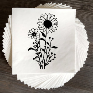 Serviette En Papier Élégant Mariage floral de tournesol noir blanc