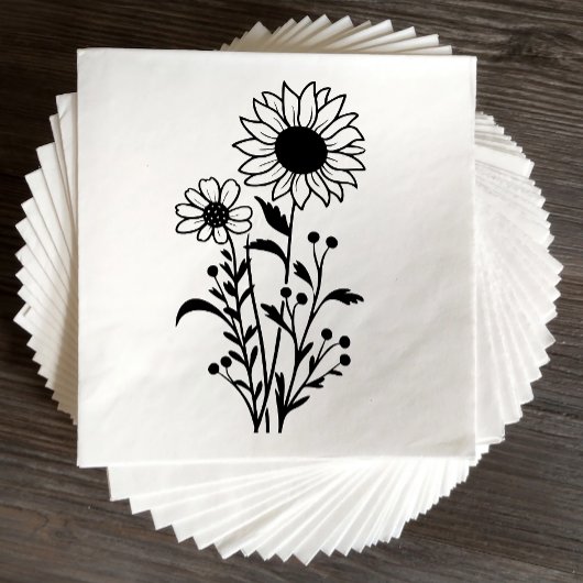 Serviette En Papier Élégant Mariage floral de tournesol noir blanc
