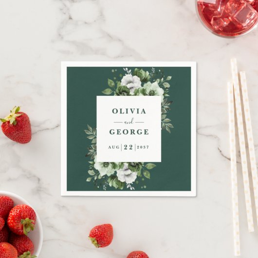 Serviette En Papier Élégant Mariage floral Emerald Green Napkin (En situation)