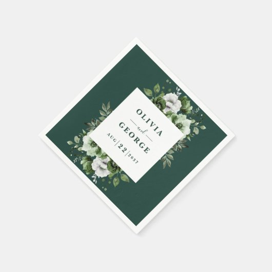 Serviette En Papier Élégant Mariage floral Emerald Green Napkin (Coin)