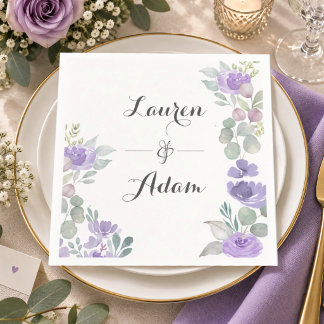 Serviette En Papier Élégant Mariage Floral Eucalyptus Violet