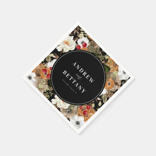 Serviette En Papier Élégant Mariage floral foncé Berry noir (Coin)
