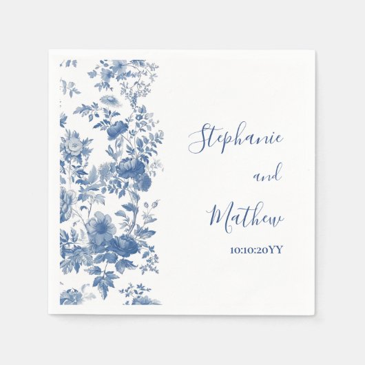 Serviette En Papier Élégant Mariage Floral Français Toile Bleu (Devant)
