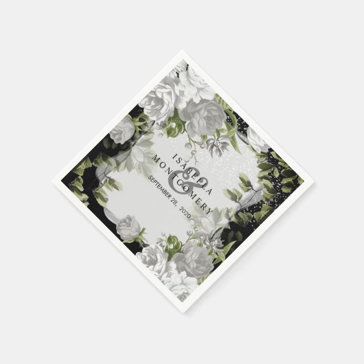 Serviette En Papier Élégant Mariage floral noir et blanc (Coin)