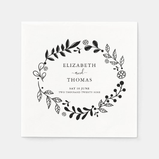 Serviette En Papier Élégant Mariage Floral noir et blanc (Devant)