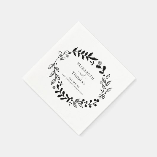 Serviette En Papier Élégant Mariage Floral noir et blanc (Coin)