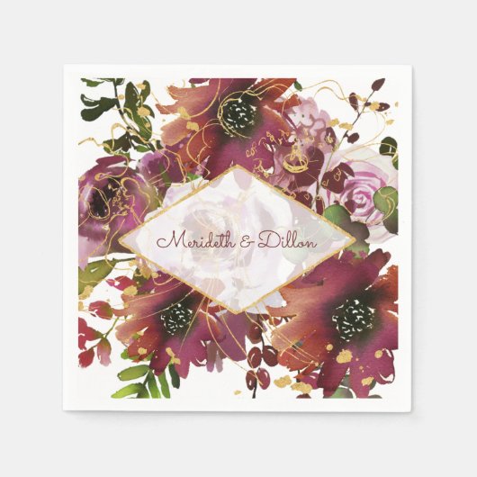 Serviette En Papier Élégant Mariage floral rose rose Burgundy Or (Devant)