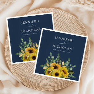 Serviette En Papier Élégant mariage floral tournesol bleu marine 
