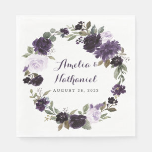Serviette En Papier Élégant Mariage floral violet et feuille verte or