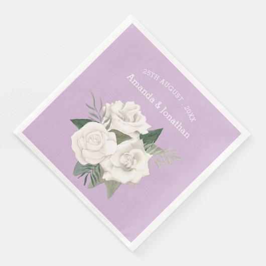 Serviette En Papier Elégant Mariage Lavender Haze et Roses Blanches (Coin)
