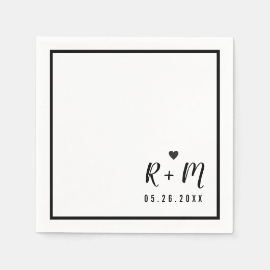 Serviette En Papier élégant mariage manuscrit noir et blanc (Devant)