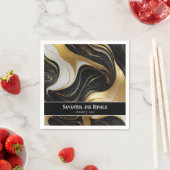 Serviette En Papier Elégant Mariage marbré Faux Gold, noir & blanc (En situation)