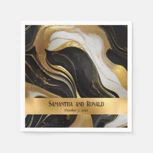Serviette En Papier Elégant Mariage marbré Faux Gold, noir et blanc