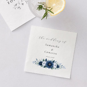 Serviette En Papier Élégant mariage moderne floral bleu marine et bleu