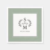 Serviette En Papier Élégant mariage Monogramme Crest Wreath Sage Vert (Devant)