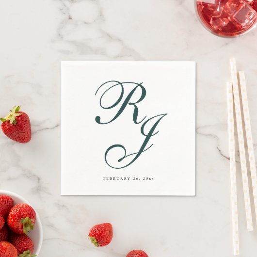 Serviette En Papier Élégant Mariage Monogramme Emerald Green (En situation)