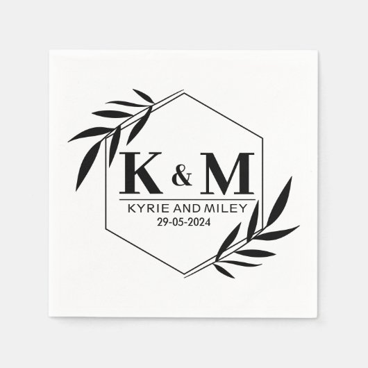 Serviette En Papier élégant mariage monogramme noir et blanc (Devant)