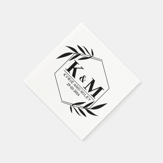 Serviette En Papier élégant mariage monogramme noir et blanc (Coin)