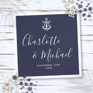 Serviette En Papier Élégant mariage nautique bleu marine ancre