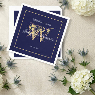 Serviette En Papier Élégant Mariage Navy Blanc Script & Monogramme Or