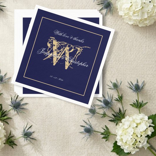 Serviette En Papier Élégant Mariage Navy Blanc Script & Monogramme Or