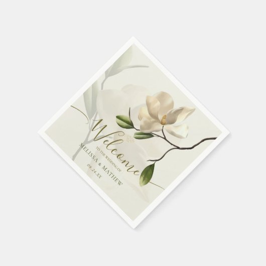 Serviette En Papier Élégant Mariage oriental blanc Magnolia (Coin)