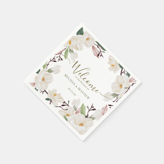 Serviette En Papier Élégant Mariage oriental blanc Magnolia (Coin)