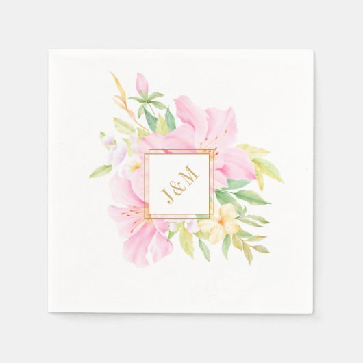 Serviette En Papier Élégant Mariage rose d'aquarelle Floral Monogram (Devant)