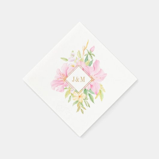 Serviette En Papier Élégant Mariage rose d'aquarelle Floral Monogram (Coin)