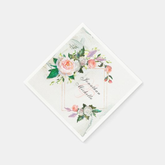 Serviette En Papier Élégant Mariage Rose Peinture à l'huile blanche et (Coin)