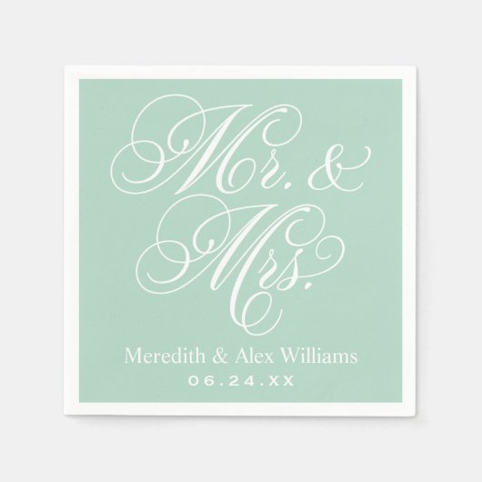 Serviette En Papier Élégant Mariage Script Mr et Mrs Mint (Devant)