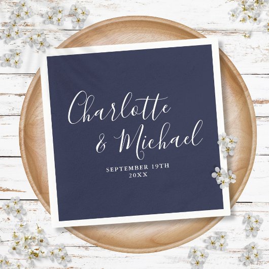 Serviette En Papier Élégant Mariage signature bleu marine