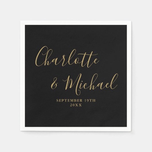 Serviette En Papier Élégant Mariage Signature Noir Et Or (Devant)