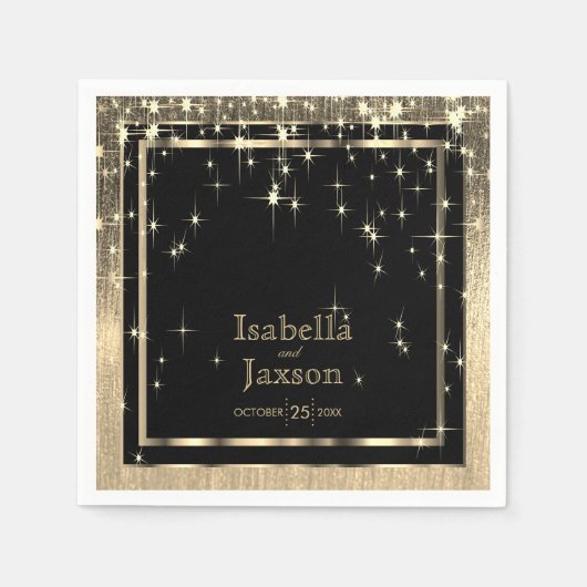 Serviette En Papier Élégant Mariage Starlights noir et or (Devant)