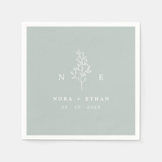 Serviette En Papier Élégant Mariage vert feuille de monogramme (Devant)