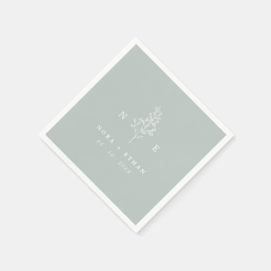 Serviette En Papier Élégant Mariage vert feuille de monogramme (Coin)