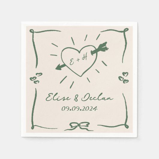 Serviette En Papier Elégant Mariage vert rétro tiré à la main (Devant)