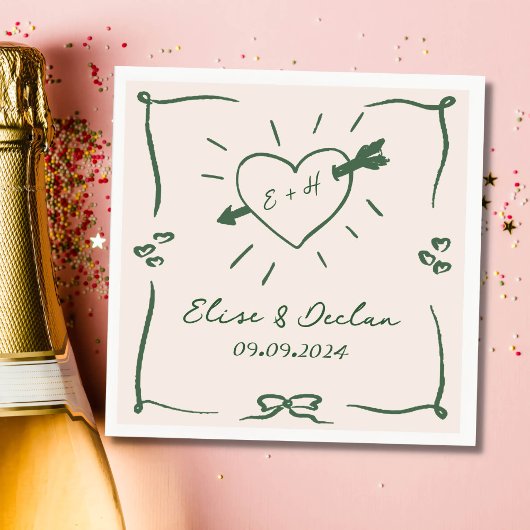 Serviette En Papier Elégant Mariage vert rétro tiré à la main