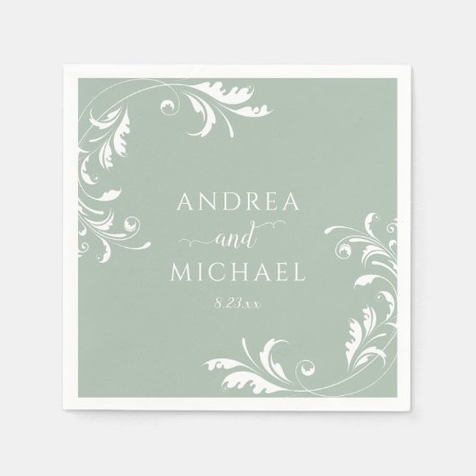 Serviette En Papier Élégant Mariage vert Sage (Devant)