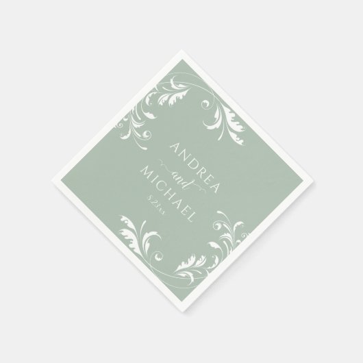 Serviette En Papier Élégant Mariage vert Sage (Coin)