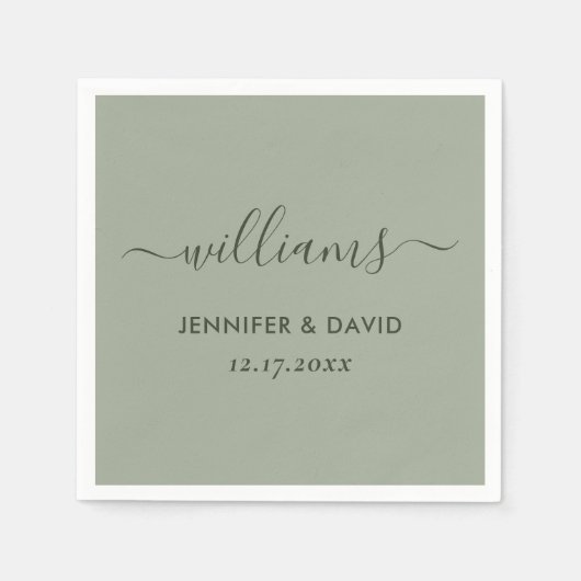 Serviette En Papier Élégant Mariage vert Sage Script (Devant)