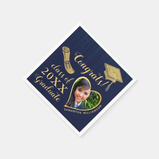 Serviette En Papier Elégant Marine Blue and Gold Photo 2023 Graduation (Coin)