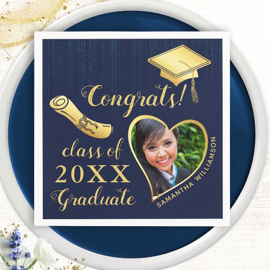 Serviette En Papier Elégant Marine Blue and Gold Photo 2025 Graduation
